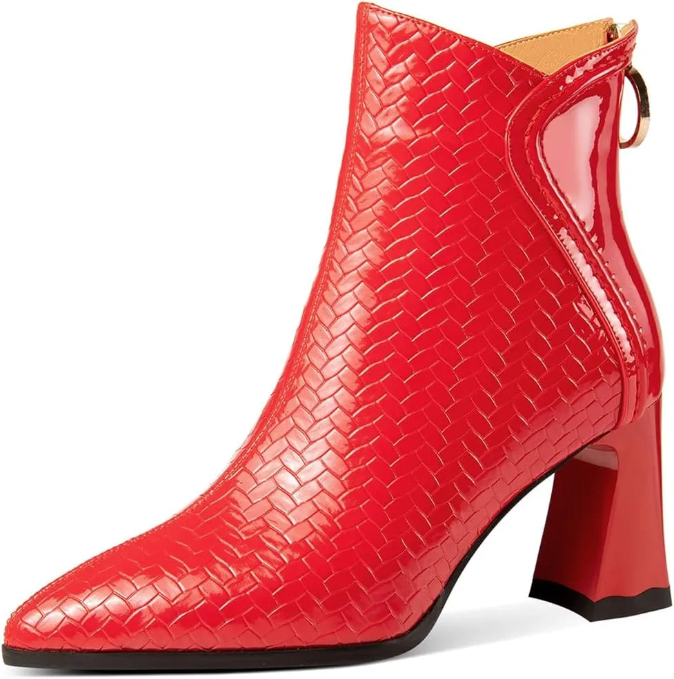 TinaCus Embossed Patent Leather Women's Pointed Toe Handmade Back Zipper High Block Heels Ankle Boots