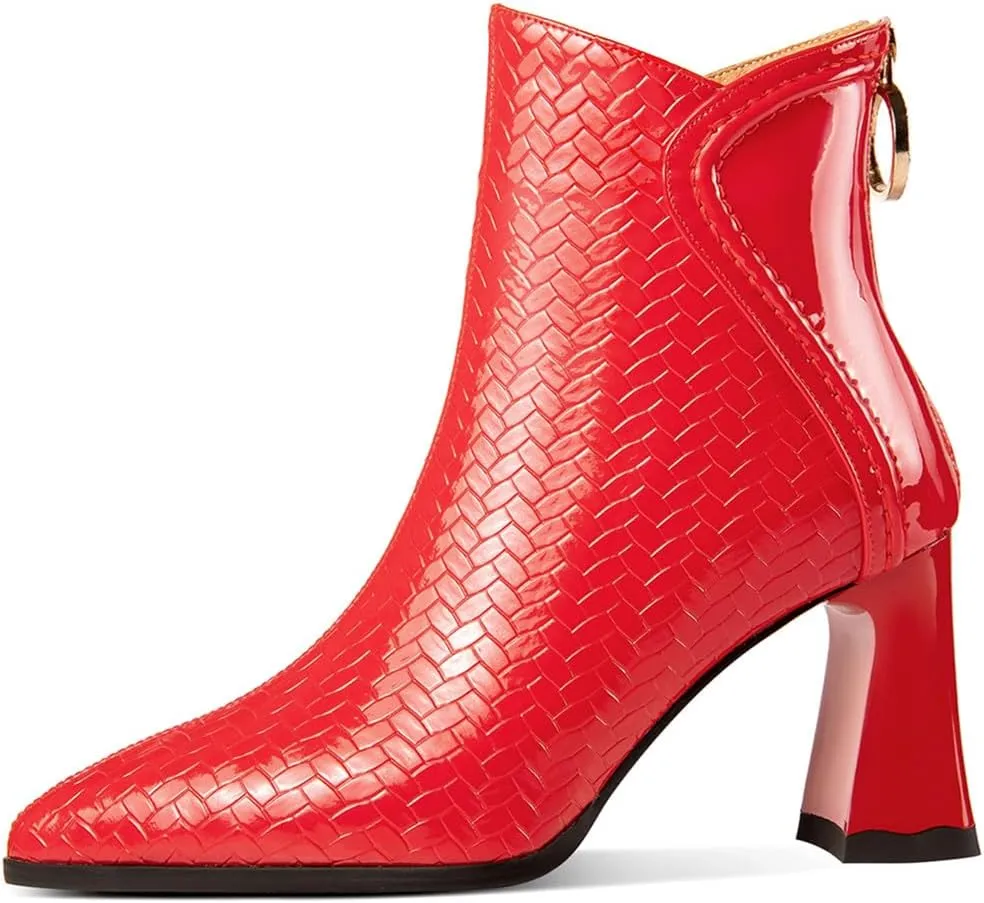 TinaCus Embossed Patent Leather Women's Pointed Toe Handmade Back Zipper High Block Heels Ankle Boots