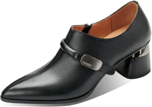 TinaCus Women's Genuine Leather Pointed Toe Side Zip Mid Block Heel Pumps Shoes