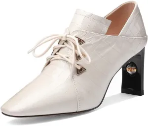 TinaCus Women's Handmade Embossed Genuine Leather Square Toe Exquisite High Heel Lace Up Plus-Size Pump Shoes