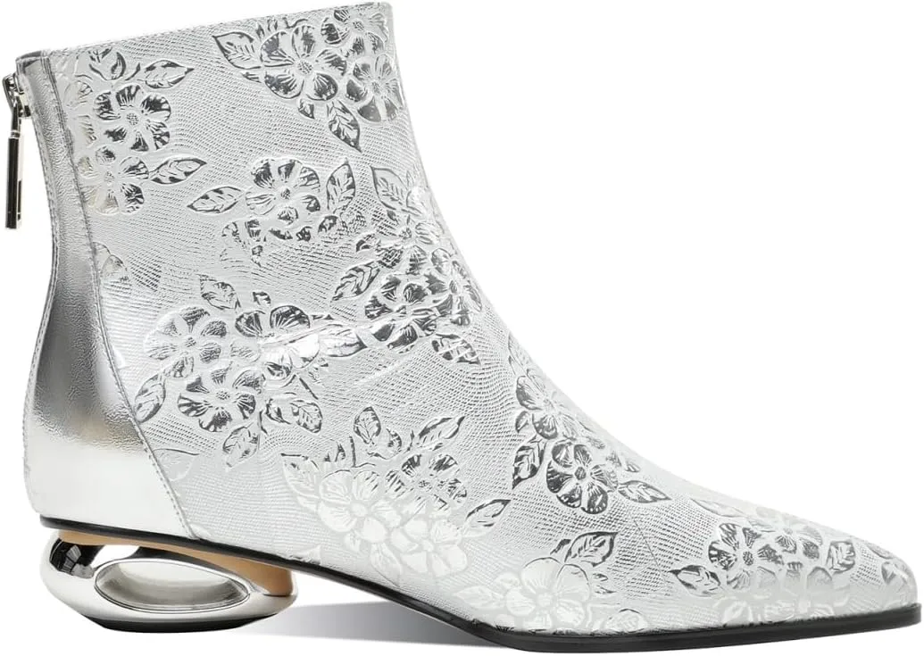 TinaCus Women's Pointed Toe Embossed Genuine Leather Handmade Back Zipper Low Heels Ankle Boots