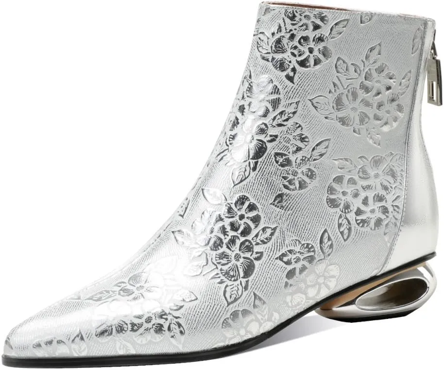 TinaCus Women's Pointed Toe Embossed Genuine Leather Handmade Back Zipper Low Heels Ankle Boots