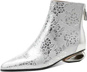 TinaCus Women's Pointed Toe Embossed Genuine Leather Handmade Back Zipper Low Heels Ankle Boots