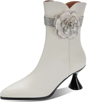 TinaCus Women's Pointed Toe Handmade Flower Mid Cone Heels Side Zipper Embossed Genuine Leather Ankle Boot