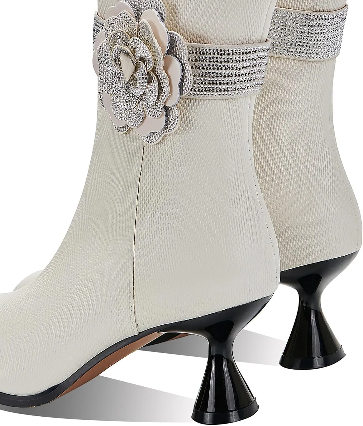 TinaCus Women's Pointed Toe Handmade Flower Mid Cone Heels Side Zipper Embossed Genuine Leather Ankle Boot