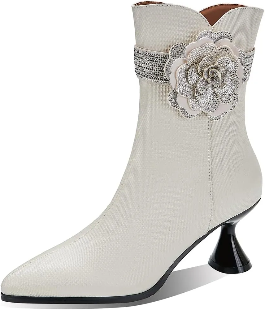 TinaCus Women's Pointed Toe Handmade Flower Mid Cone Heels Side Zipper Embossed Genuine Leather Ankle Boot