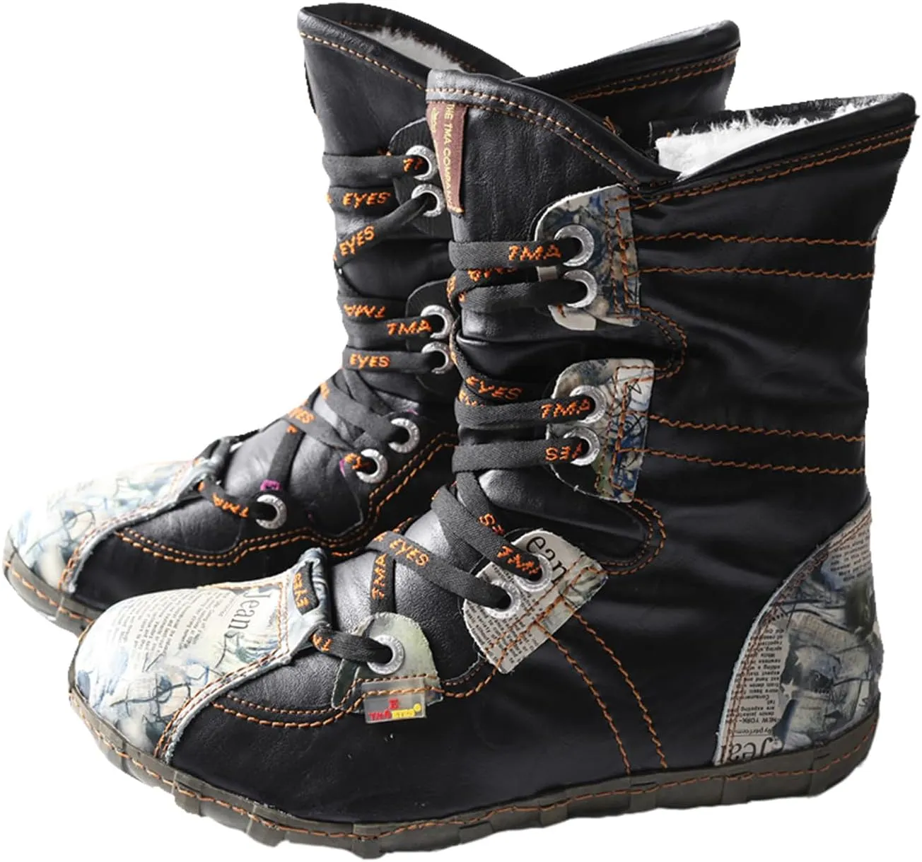 TMA EYES Snake-Embossed Leather and PU Upper Faux Fur Lining Short Flat Boot for Women