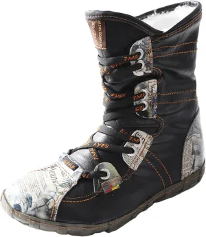 TMA EYES Snake-Embossed Leather and PU Upper Faux Fur Lining Short Flat Boot for Women