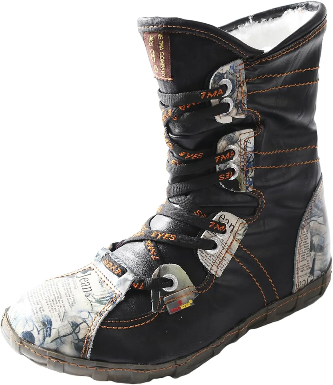 TMA EYES Snake-Embossed Leather and PU Upper Faux Fur Lining Short Flat Boot for Women