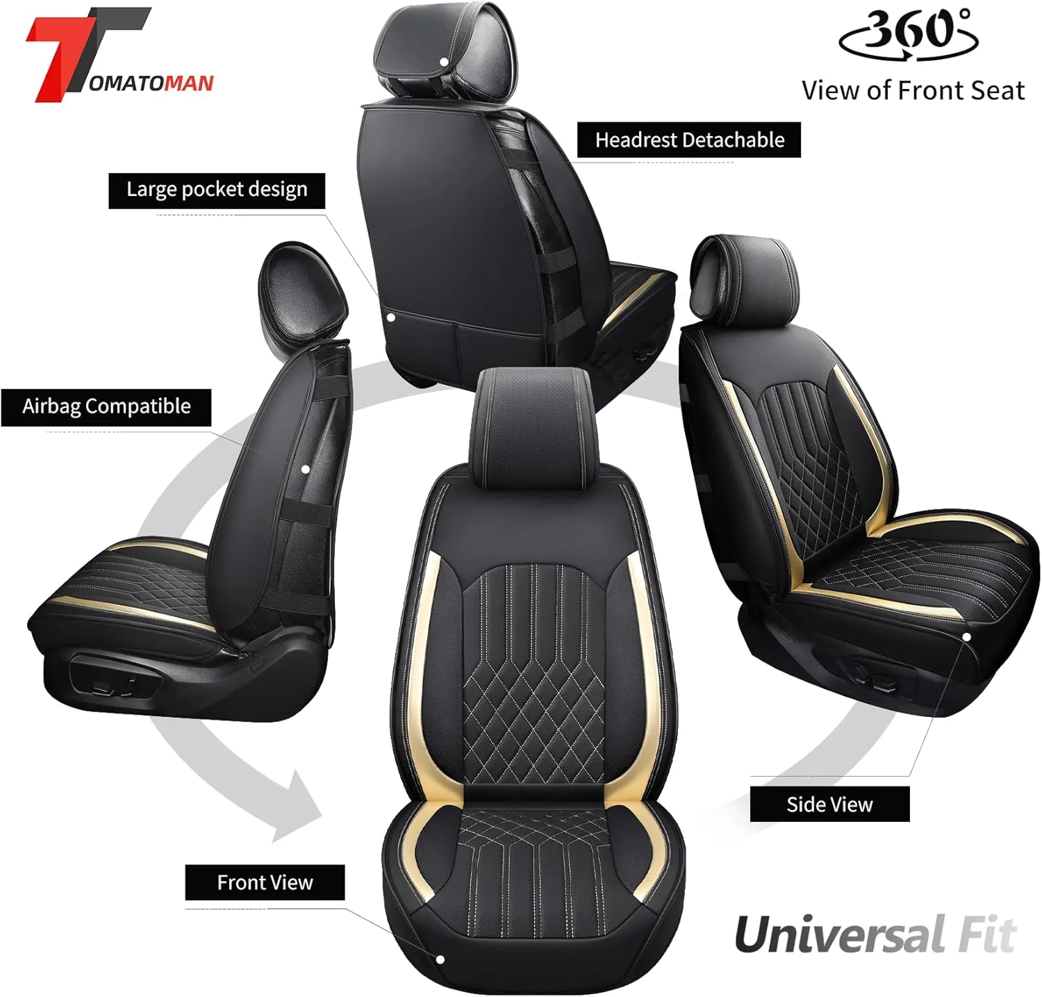 Tomatoman Leather Car Seat Covers Compatible with Infiniti EX35 Waterproof Dustproof Universal Fit Airbag Safety(Full Set/Black Gold)