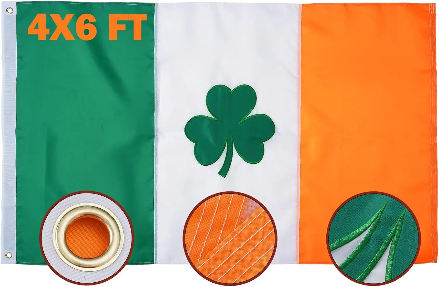 TOPFLAGS Irish Shamrock Flag 4x6 Feet, Heavy Duty Ireland Republic Flags Sewn Stripes Large Flags Heavy Duty for St Patricks Day with 2 Brass Grommets 4 Stitching Rows Outdoor Vivid Color
