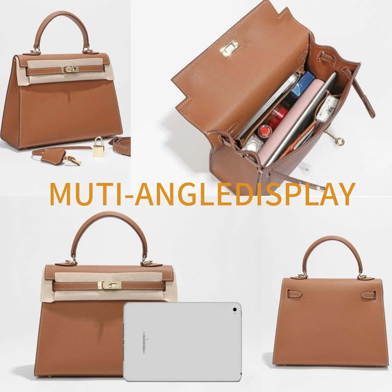 Tote Bag for Women, Genuine Leather Lychee Grain Handbag with 2 Adjustable Straps, Shoulder & Crossbody Purse (Small/Large)