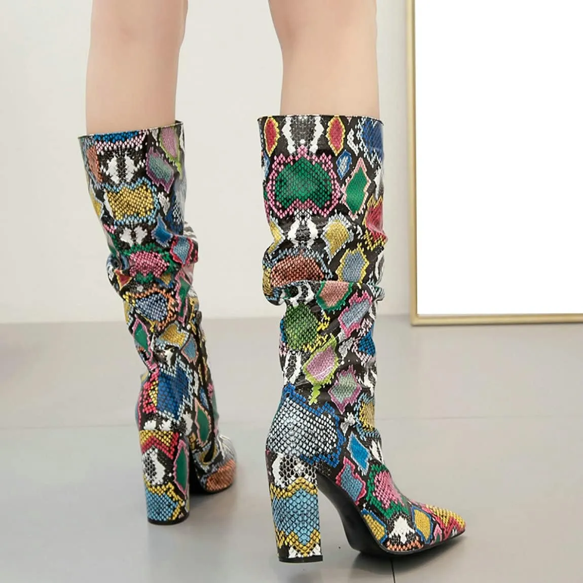 Trendenzy Women's Snakeskin Slouch Boots Pointed Toe Knee High Chunky Heel Boots