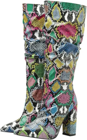 Trendenzy Women's Snakeskin Slouch Boots Pointed Toe Knee High Chunky Heel Boots