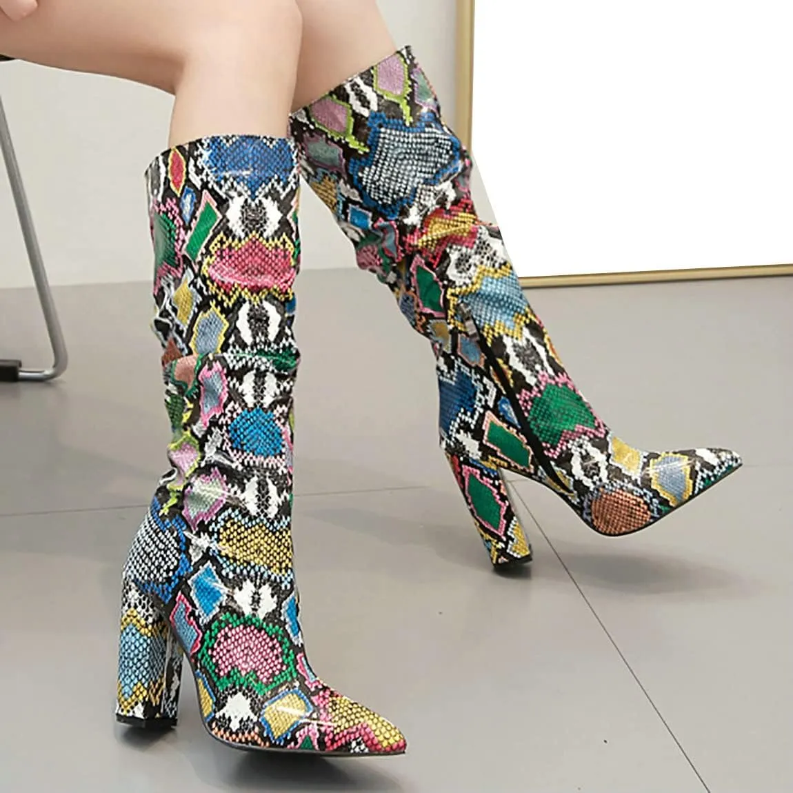 Trendenzy Women's Snakeskin Slouch Boots Pointed Toe Knee High Chunky Heel Boots