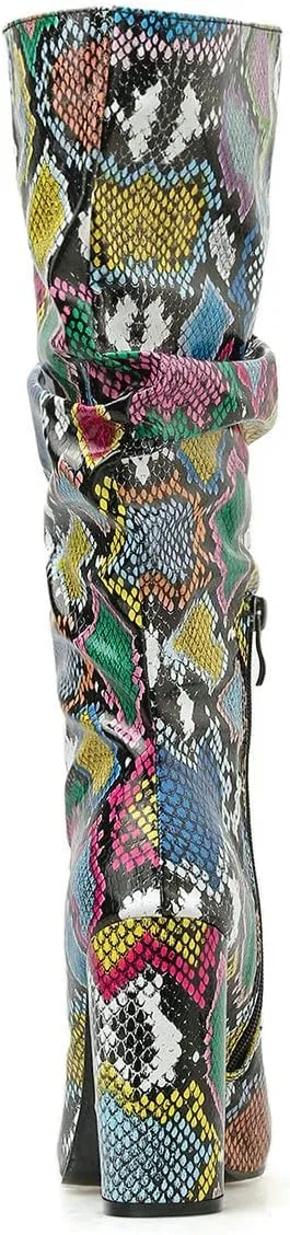 Trendenzy Women's Snakeskin Slouch Boots Pointed Toe Knee High Chunky Heel Boots