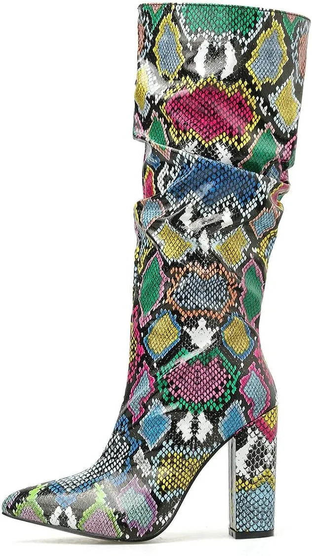 Trendenzy Women's Snakeskin Slouch Boots Pointed Toe Knee High Chunky Heel Boots