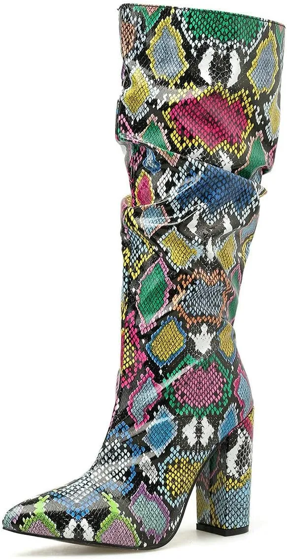Trendenzy Women's Snakeskin Slouch Boots Pointed Toe Knee High Chunky Heel Boots