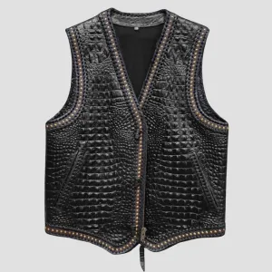 Trendy Black Crocodile Embossed Leather Biker Vest