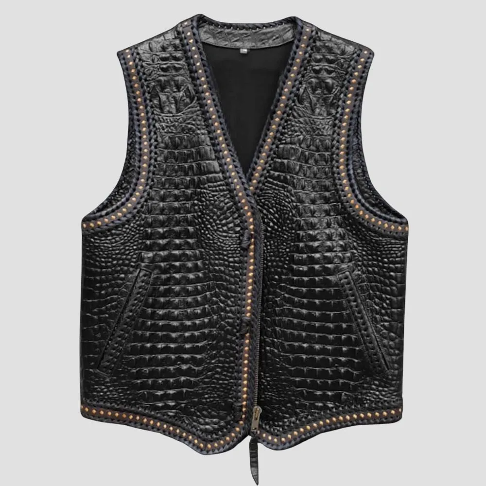 Trendy Black Crocodile Embossed Leather Biker Vest