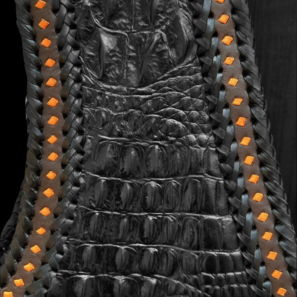 Trendy Black Crocodile Embossed Leather Biker Vest