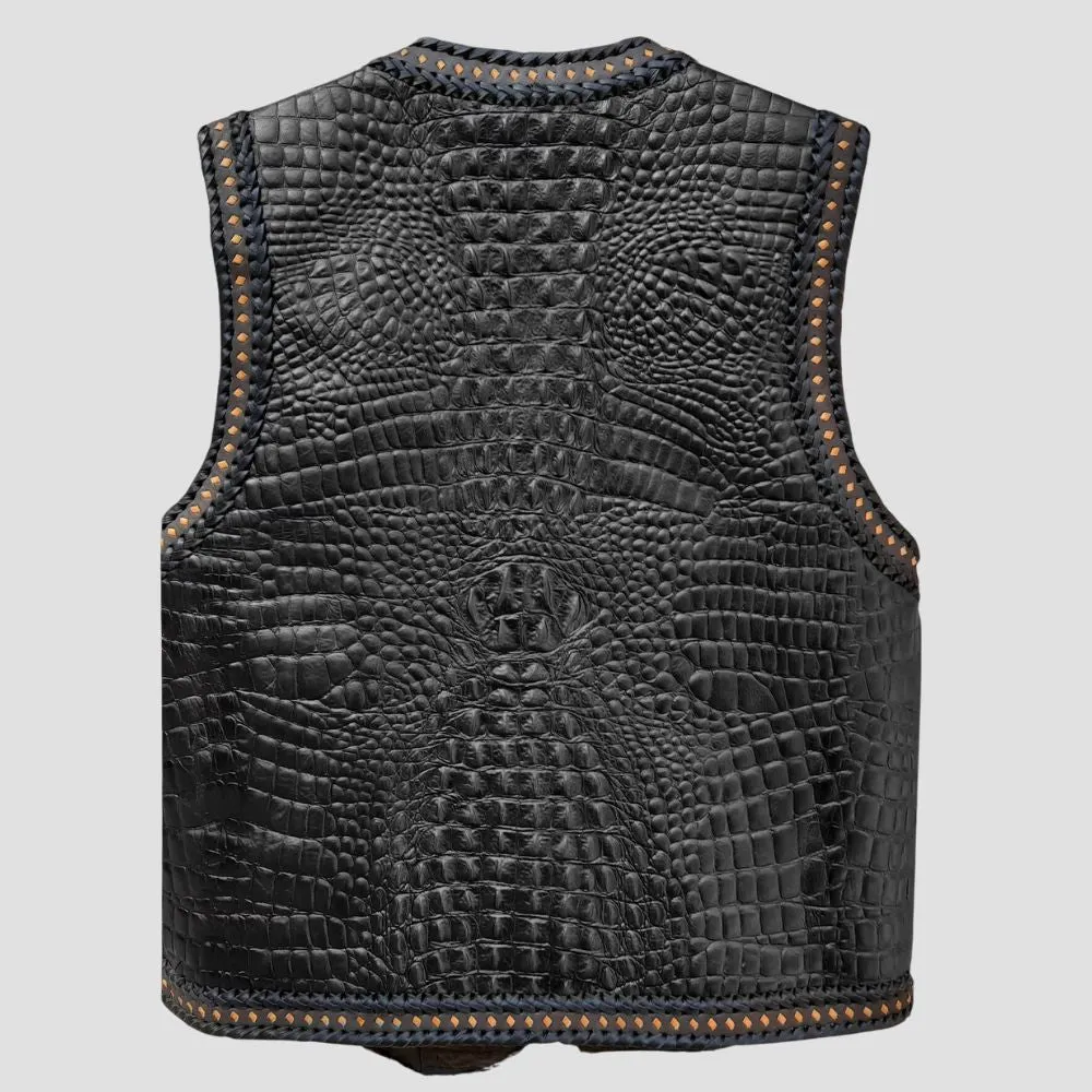 Trendy Black Crocodile Embossed Leather Biker Vest