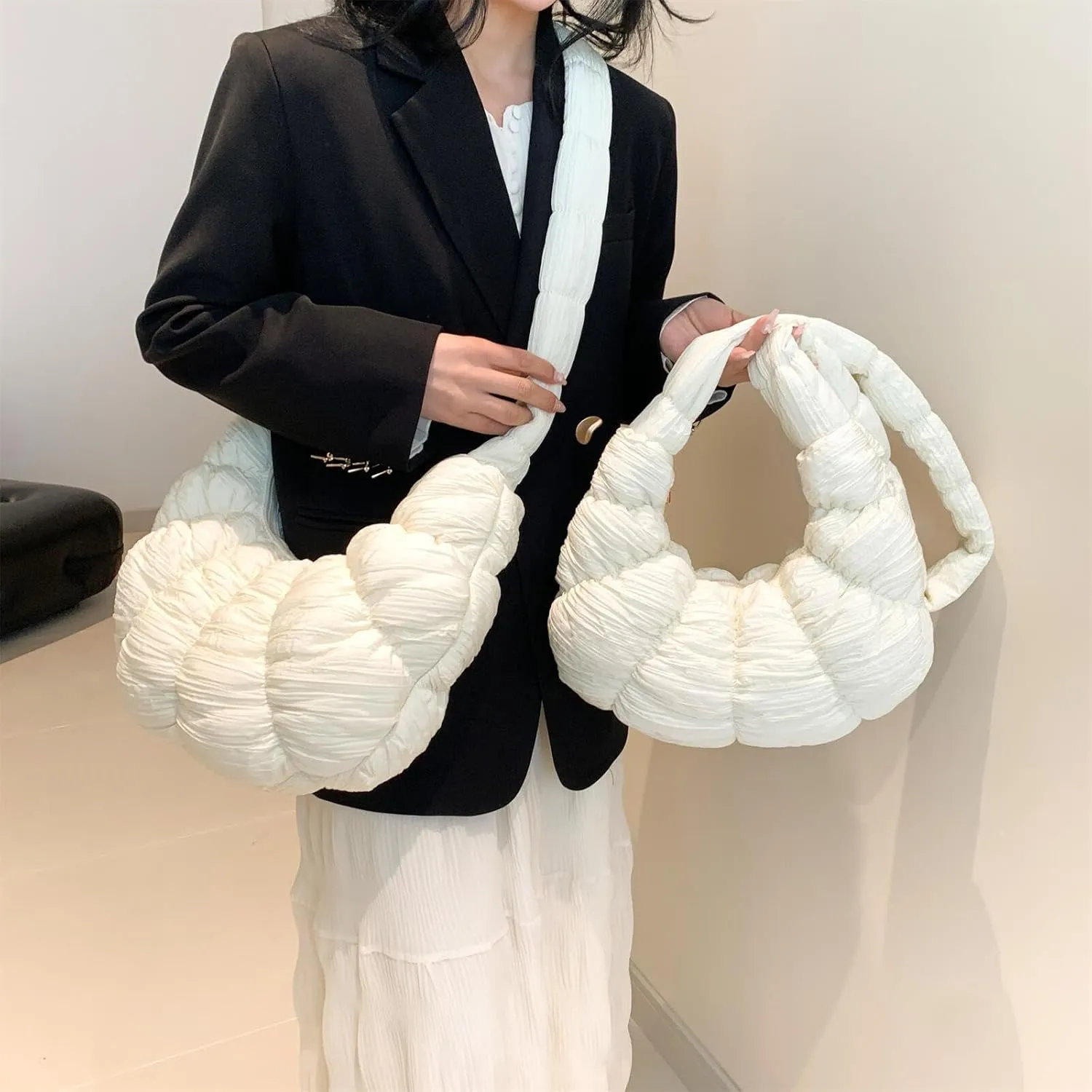 Trendy Croissant Quilted Shoulder Crossbody Bags for Women Large Ruched Nylon Hobos Handbags and Purses Lightweight