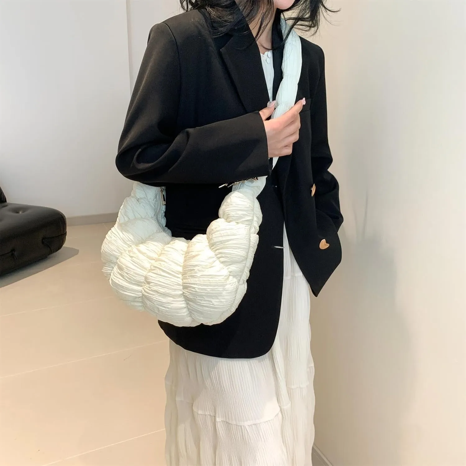 Trendy Croissant Quilted Shoulder Crossbody Bags for Women Large Ruched Nylon Hobos Handbags and Purses Lightweight