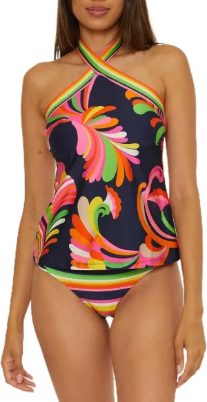 Trina Turk Women's Anniversary Stripe Reversible High Neck Tankini, Adjustable, Tie Back, Swimsuit Tops