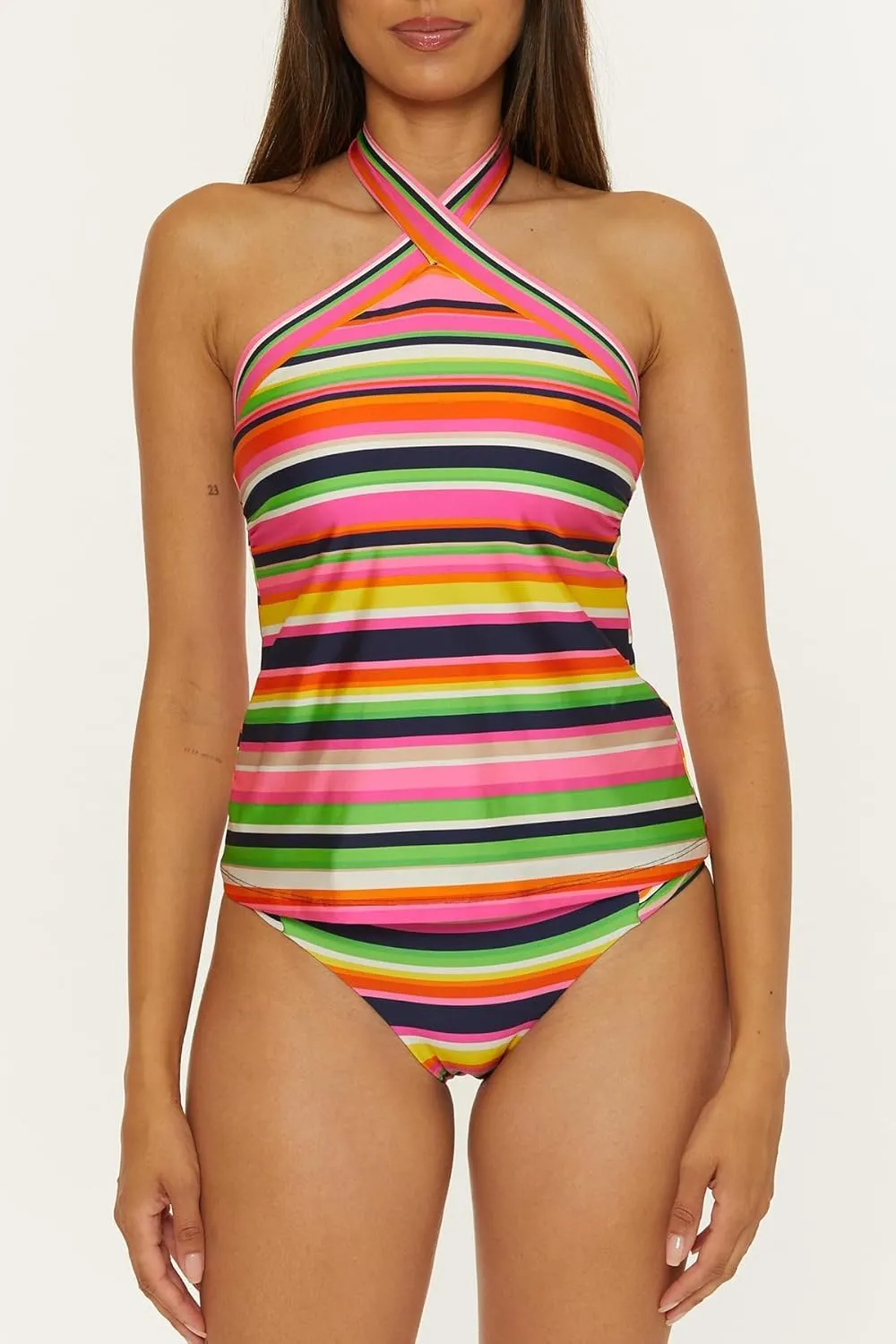 Trina Turk Women's Anniversary Stripe Reversible High Neck Tankini, Adjustable, Tie Back, Swimsuit Tops