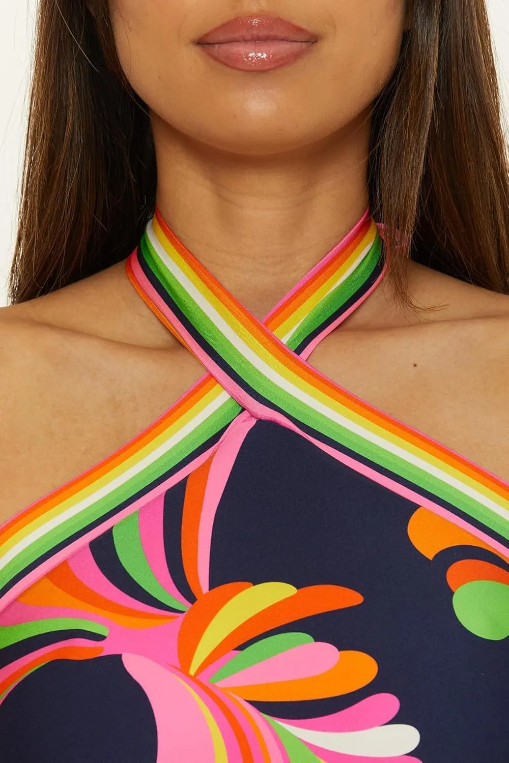 Trina Turk Women's Anniversary Stripe Reversible High Neck Tankini, Adjustable, Tie Back, Swimsuit Tops