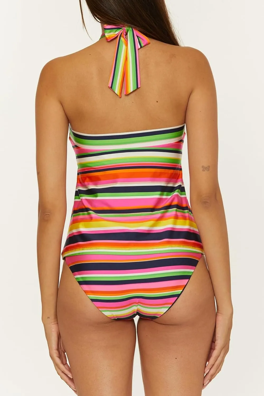 Trina Turk Women's Anniversary Stripe Reversible High Neck Tankini, Adjustable, Tie Back, Swimsuit Tops