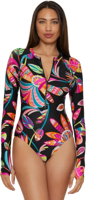 Trina Turk Women's Monaco Paddle One Piece Swimsuit, Rash Guard, Uv Protection, Zip Front, Long Sleeve, Bathing Suits