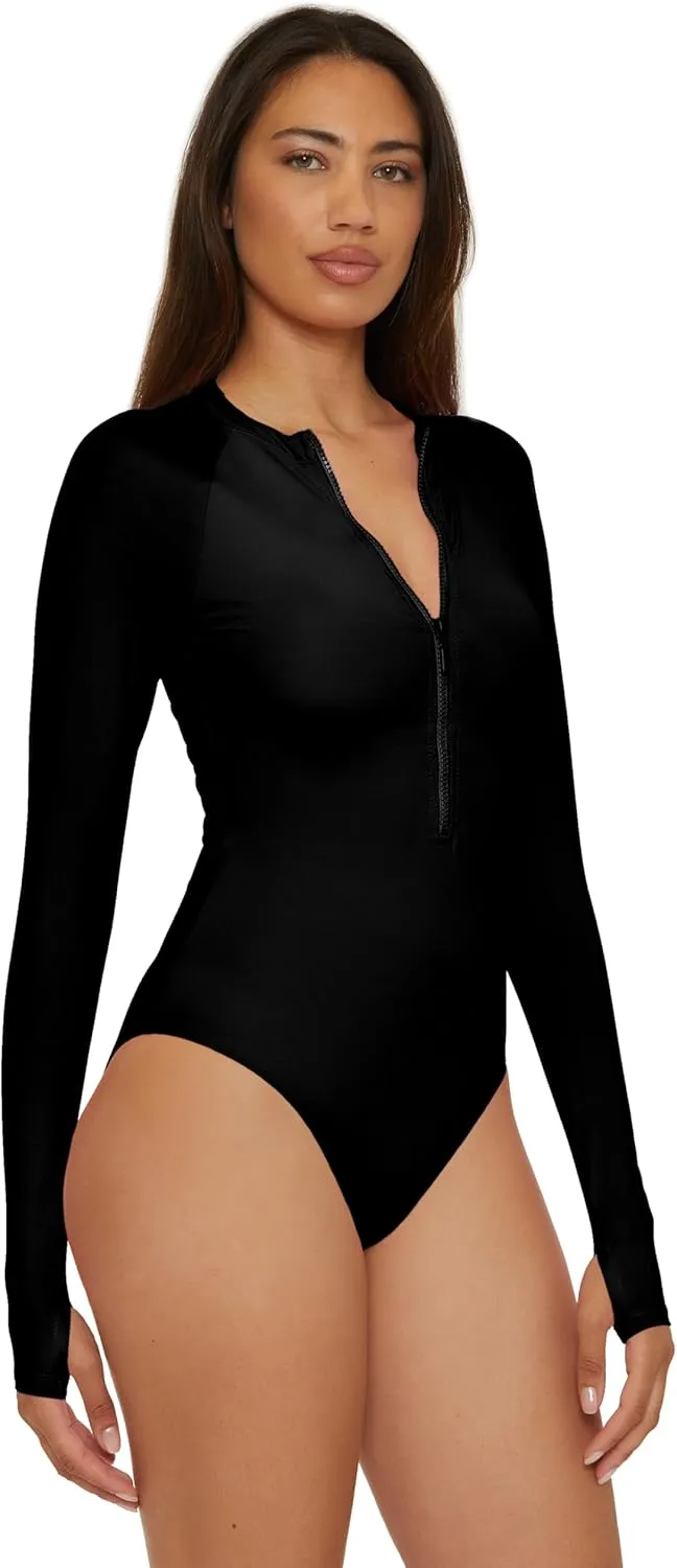 Trina Turk Women's Monaco Paddle One Piece Swimsuit, Rash Guard, Uv Protection, Zip Front, Long Sleeve, Bathing Suits