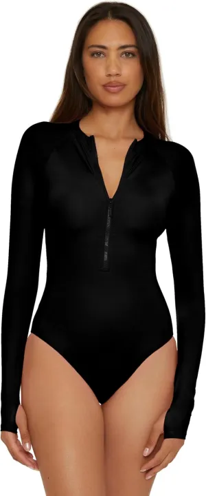Trina Turk Women's Monaco Paddle One Piece Swimsuit, Rash Guard, Uv Protection, Zip Front, Long Sleeve, Bathing Suits