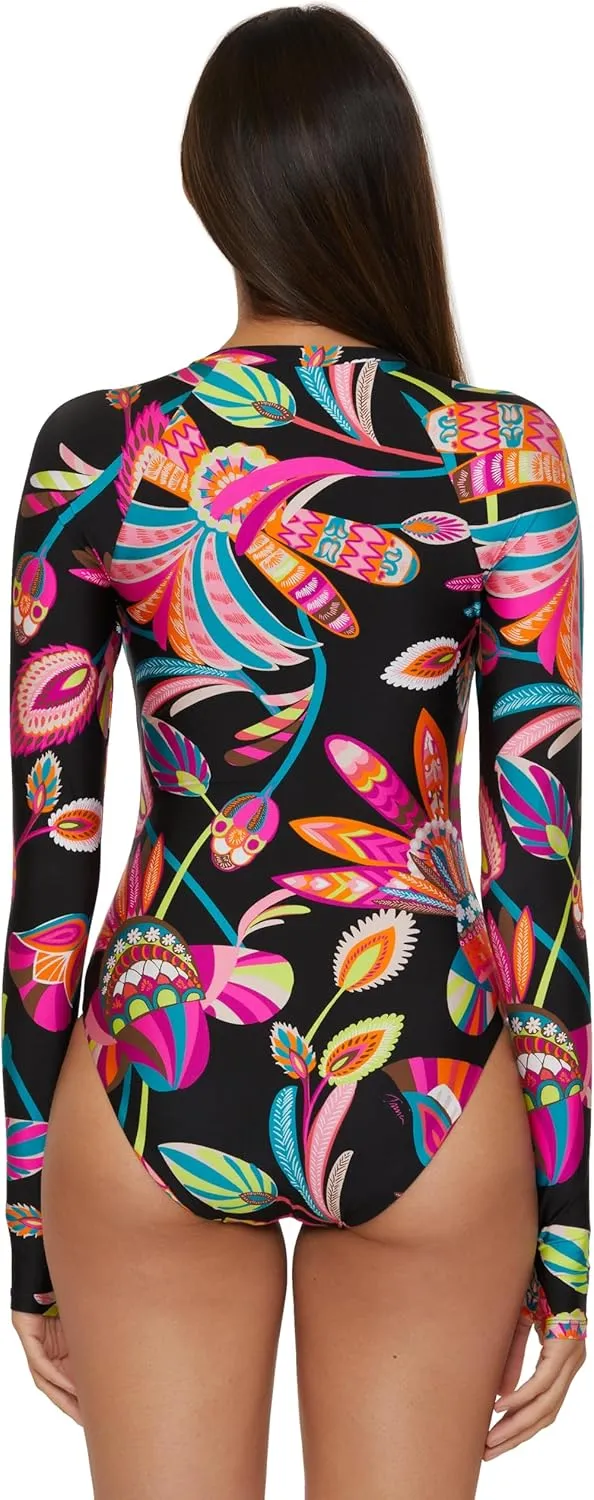 Trina Turk Women's Monaco Paddle One Piece Swimsuit, Rash Guard, Uv Protection, Zip Front, Long Sleeve, Bathing Suits