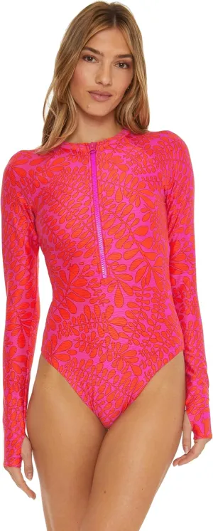 Trina Turk Women's Trellis Paddle One Piece Swimsuit, Rash Guard, Uv Protection, Zip Front, Long Sleeve, Bathing Suits