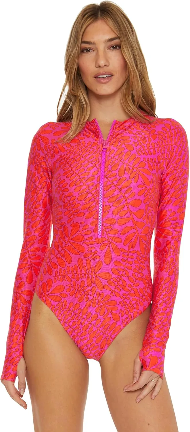 Trina Turk Women's Trellis Paddle One Piece Swimsuit, Rash Guard, Uv Protection, Zip Front, Long Sleeve, Bathing Suits