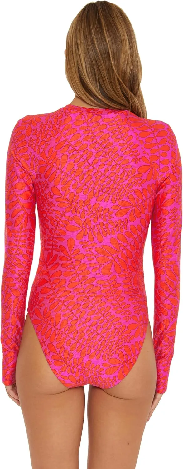 Trina Turk Women's Trellis Paddle One Piece Swimsuit, Rash Guard, Uv Protection, Zip Front, Long Sleeve, Bathing Suits