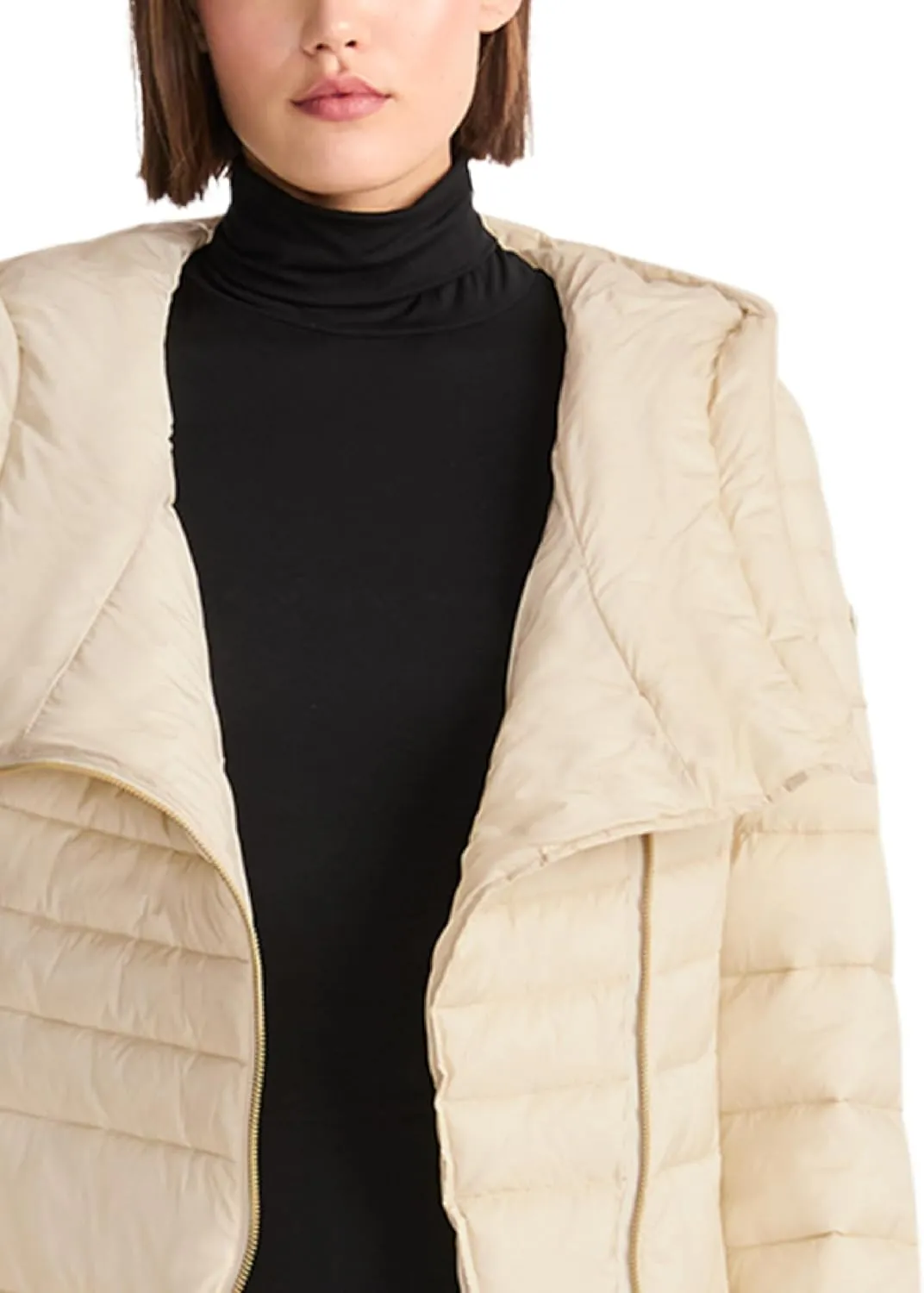 TUMI Women's Asymmetrical Zip Cowl Neck Quilted Midweight Puffer Coat with PrimaLoft Fill - Nylon Puffer Coat