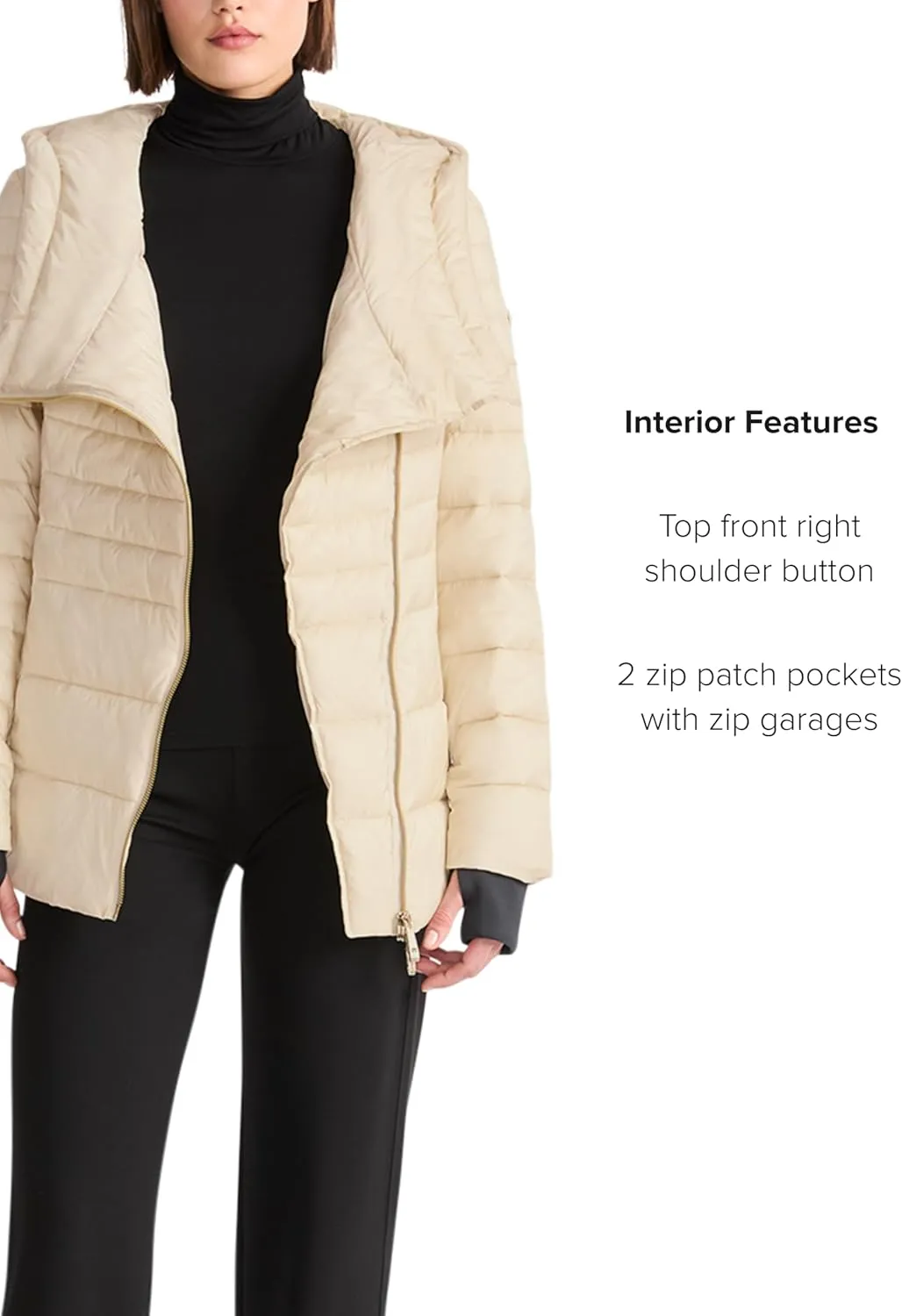 TUMI Women's Asymmetrical Zip Cowl Neck Quilted Midweight Puffer Coat with PrimaLoft Fill - Nylon Puffer Coat