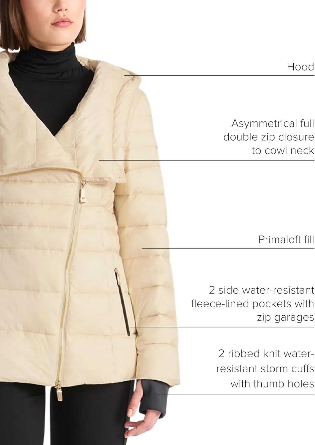 TUMI Women's Asymmetrical Zip Cowl Neck Quilted Midweight Puffer Coat with PrimaLoft Fill - Nylon Puffer Coat