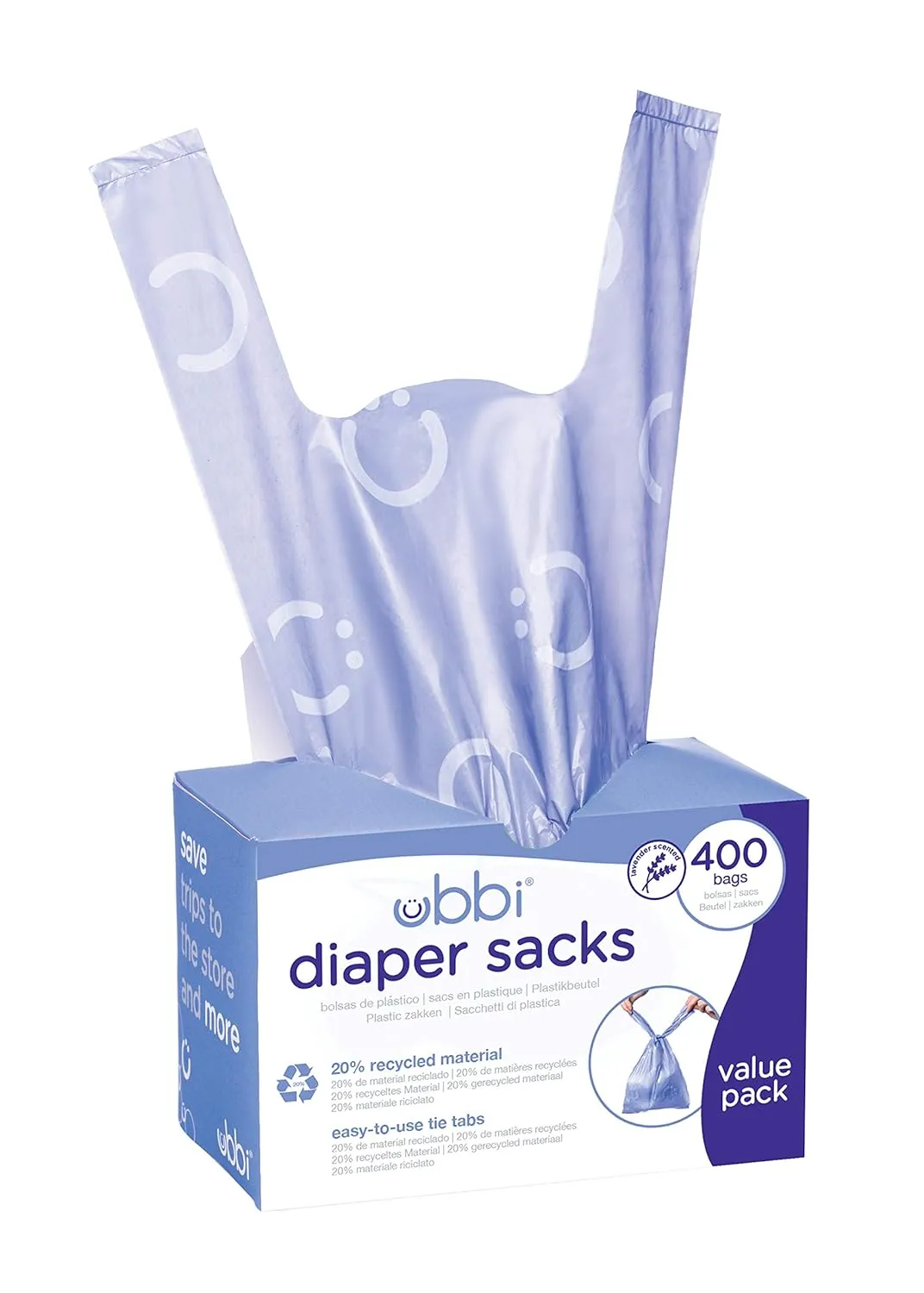 Ubbi Disposable Diaper Sacks, Lavender Scented, Easy-To-Tie Tabs, Diaper Disposal or Pet Waste Bags, 400 Count & Disposable Diaper Pail Plastic Bags, Value Pack, 75 Count, 13-Gallon Bags