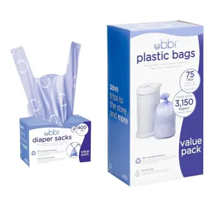 Ubbi Disposable Diaper Sacks, Lavender Scented, Easy-To-Tie Tabs, Diaper Disposal or Pet Waste Bags, 400 Count & Disposable Diaper Pail Plastic Bags, Value Pack, 75 Count, 13-Gallon Bags
