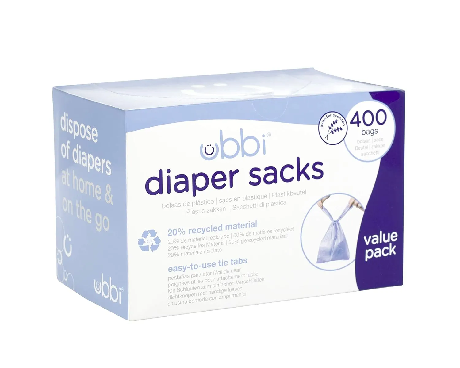 Ubbi Disposable Diaper Sacks, Lavender Scented, Easy-To-Tie Tabs, Diaper Disposal or Pet Waste Bags, 400 Count & Disposable Diaper Pail Plastic Bags, Value Pack, 75 Count, 13-Gallon Bags