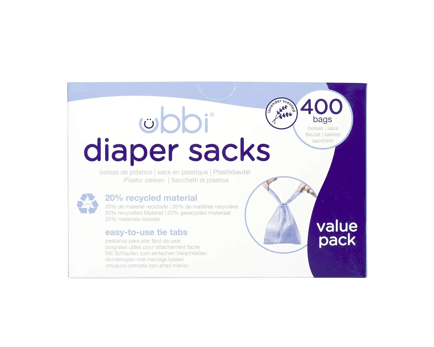 Ubbi Disposable Diaper Sacks, Lavender Scented, Easy-To-Tie Tabs, Diaper Disposal or Pet Waste Bags, 400 Count & Disposable Diaper Pail Plastic Bags, Value Pack, 75 Count, 13-Gallon Bags