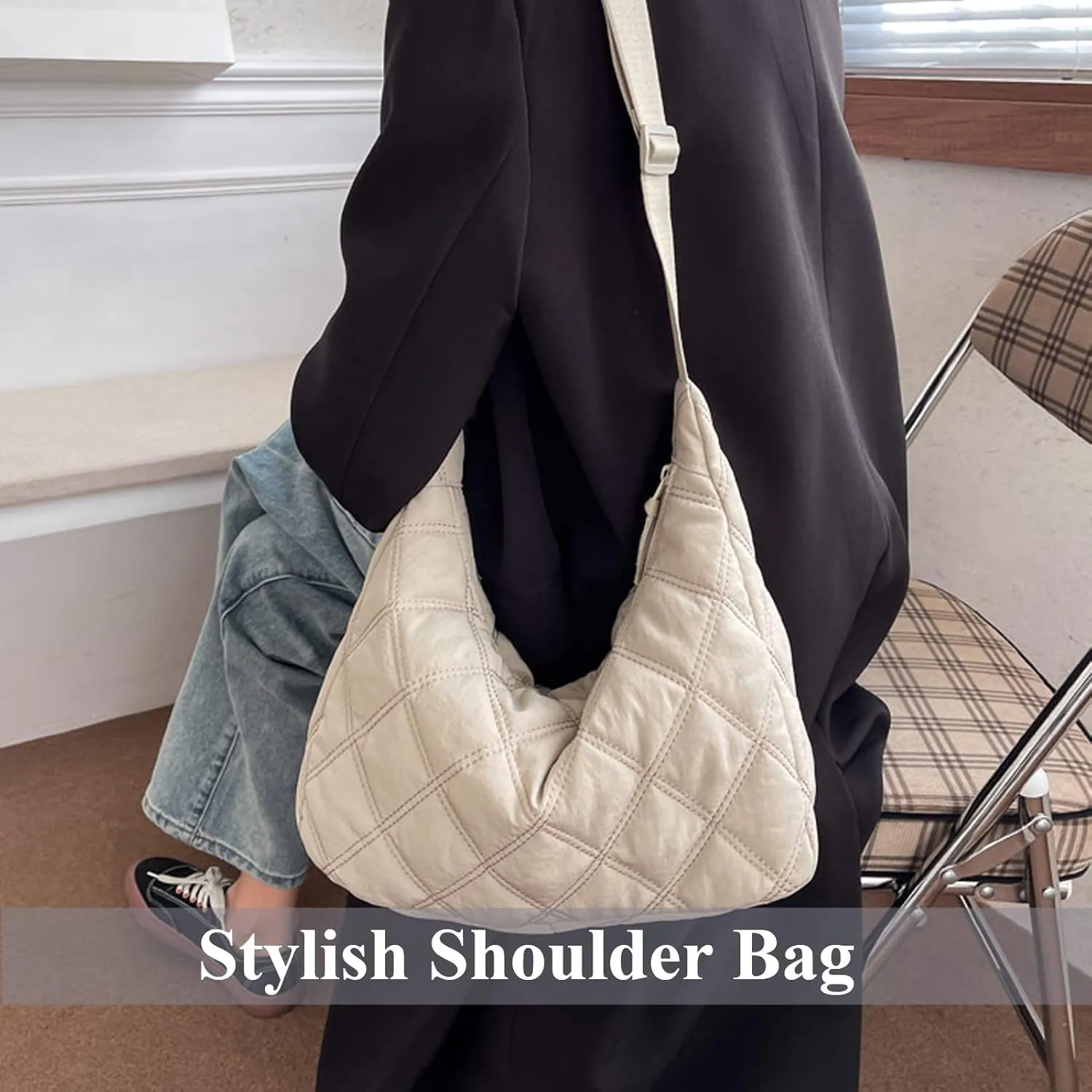 UERRUAM Puffer Tote Bag for Women Quilted Crossbody Bag Crescent Nylon Shoulder Bag Hobo Bag with Zipper