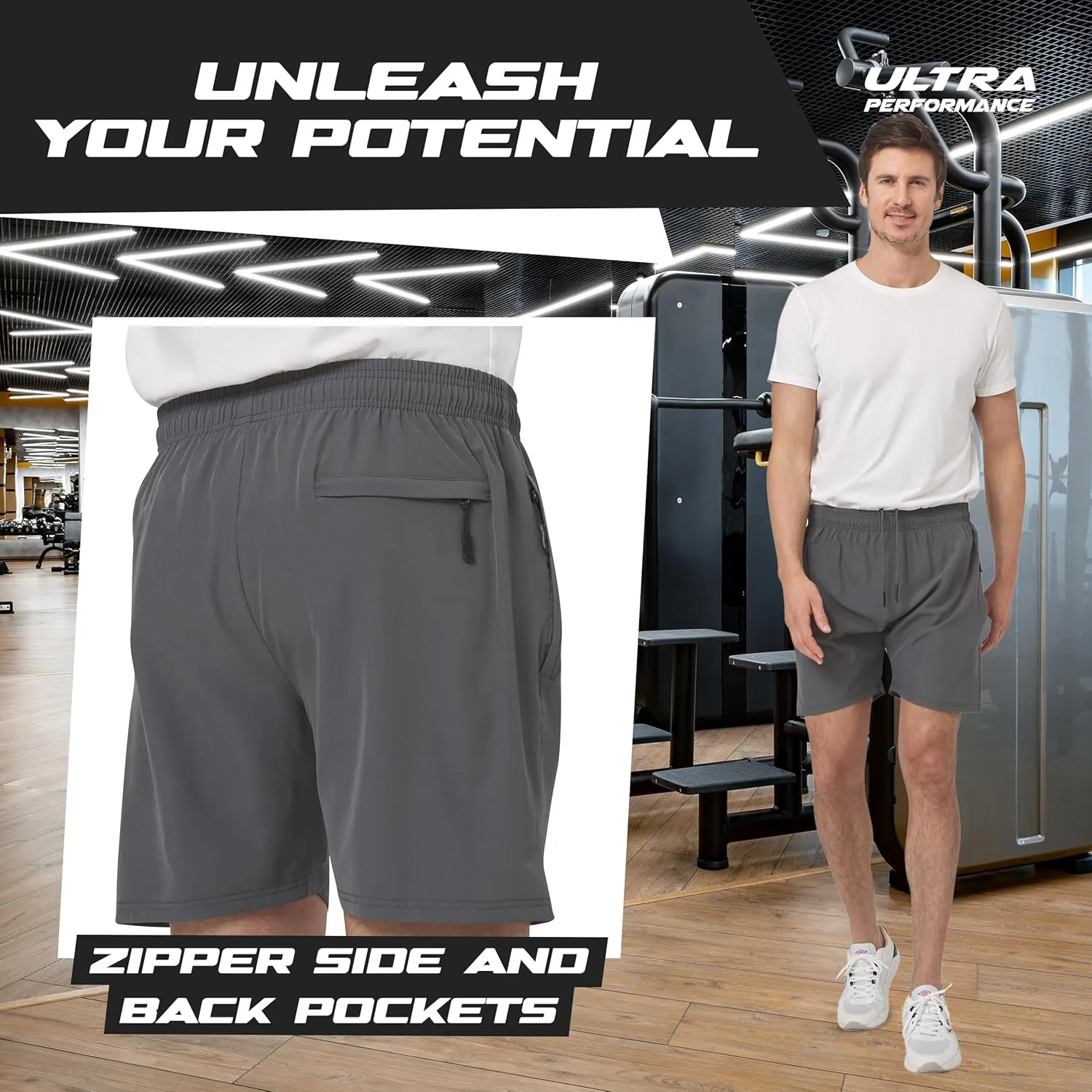 Ultra Performance Gym Shorts Men 3 Pack Mens Nylon Stretch Athletic Running Shorts for Men with Zipper Pockets 6 “ Inseam