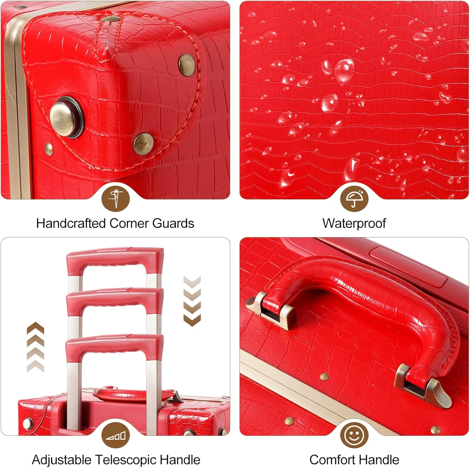urecity Cute Vintage Look Lightweight Spinner Luggage Set of 2 Pieces, Travel Set includes a Tote Bag, Luxury Designer Retro Trunk Luggage (26" 12", Red)
