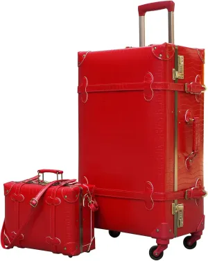 urecity Cute Vintage Look Lightweight Spinner Luggage Set of 2 Pieces, Travel Set includes a Tote Bag, Luxury Designer Retro Trunk Luggage (26" 12", Red)